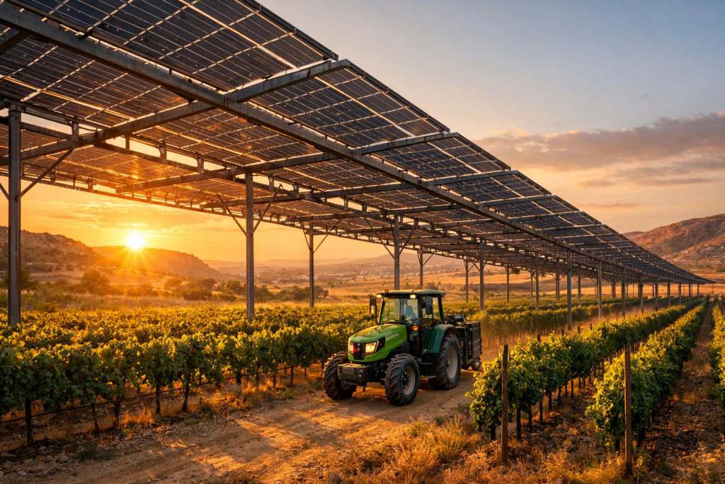 חקלאי עם טנדר עובד בשדה ירוק, מעליו פאנלים סולארים